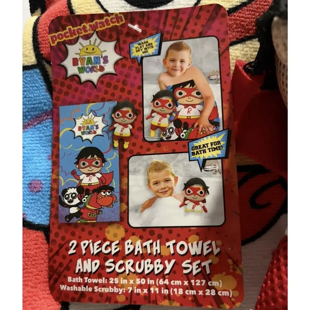 Ryan’s World Superhero Bath Towel & Scrubby Set Kids Bathroom 2 Piece NEW